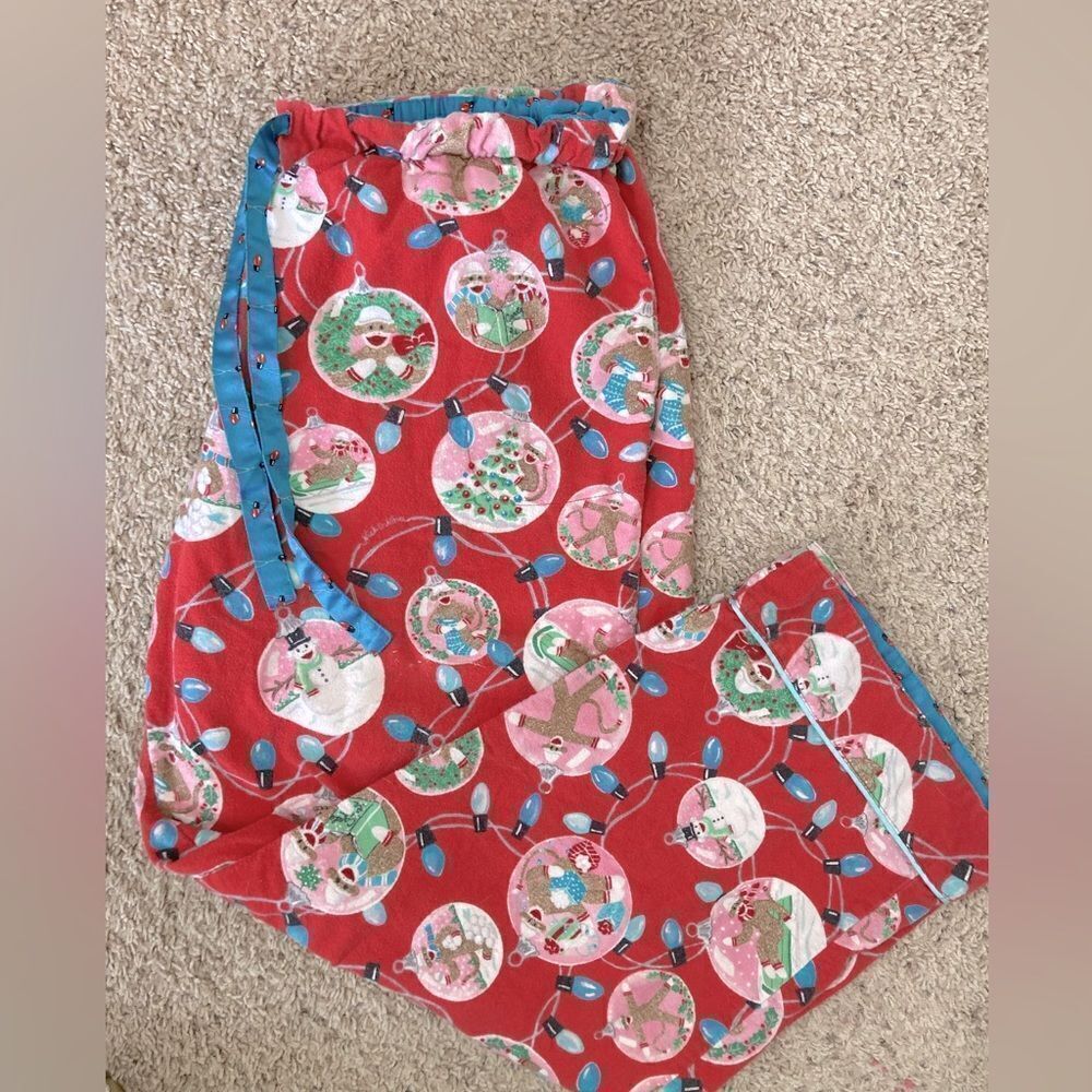 Nick & Nora VTG 90s Christmas sock monkey print pj bottoms w/ pockets & ribbon